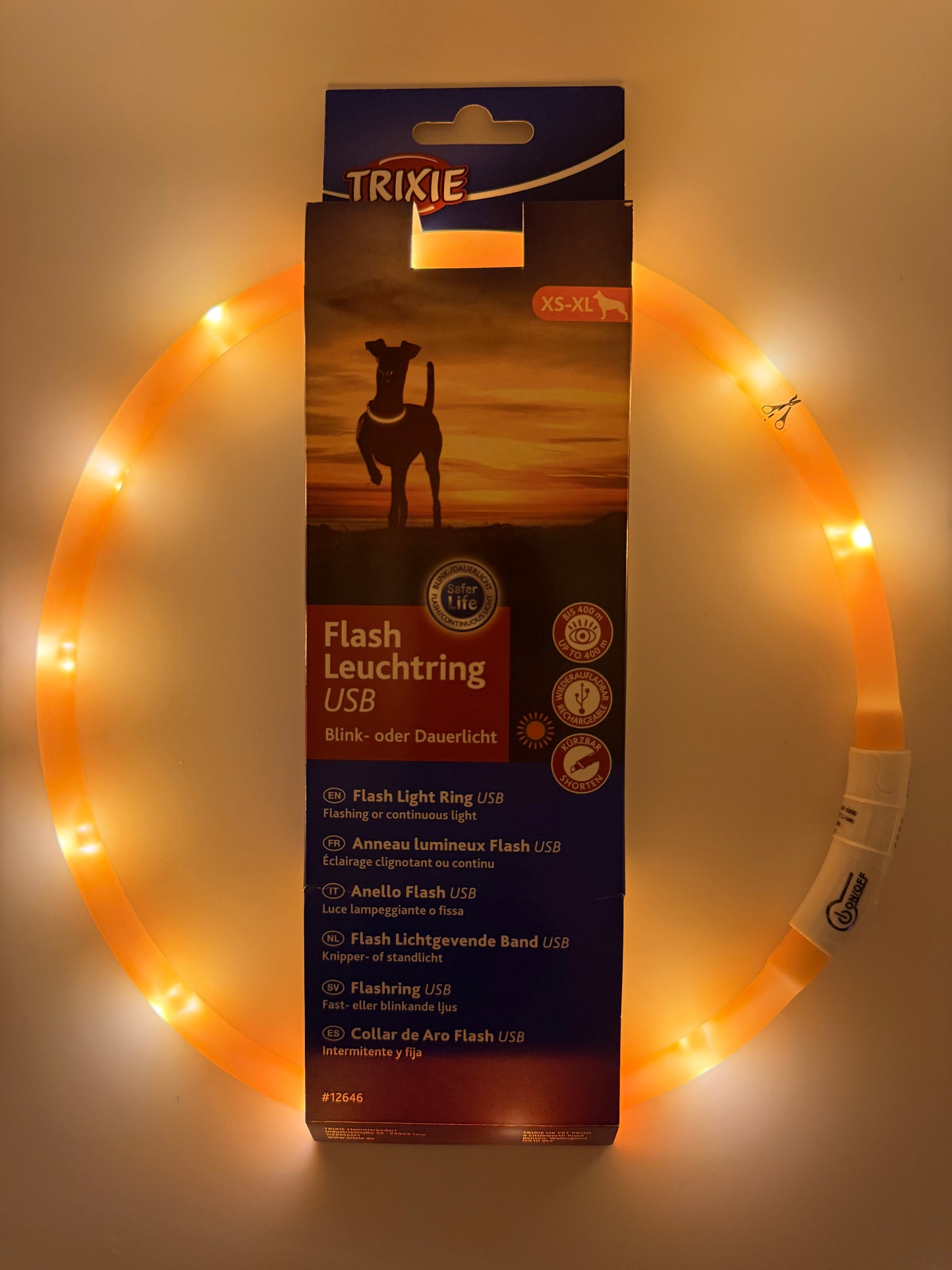 Trixie Flash Leuchtring USB Orange XS-XL